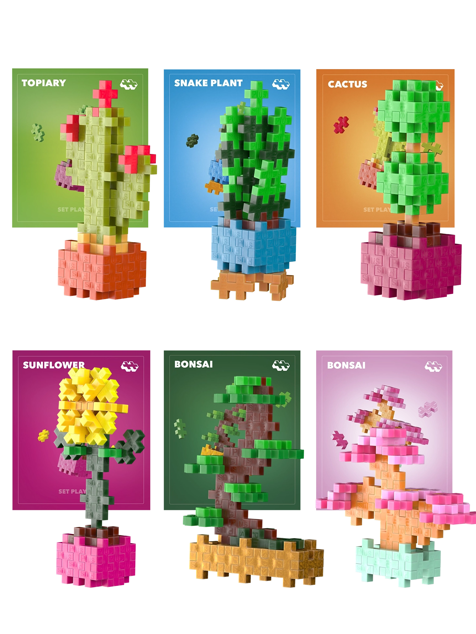 Plus-Plus plant building set with 6 unique botanical designs, including all pieces and instructions to create a mini garden with 6 different plants